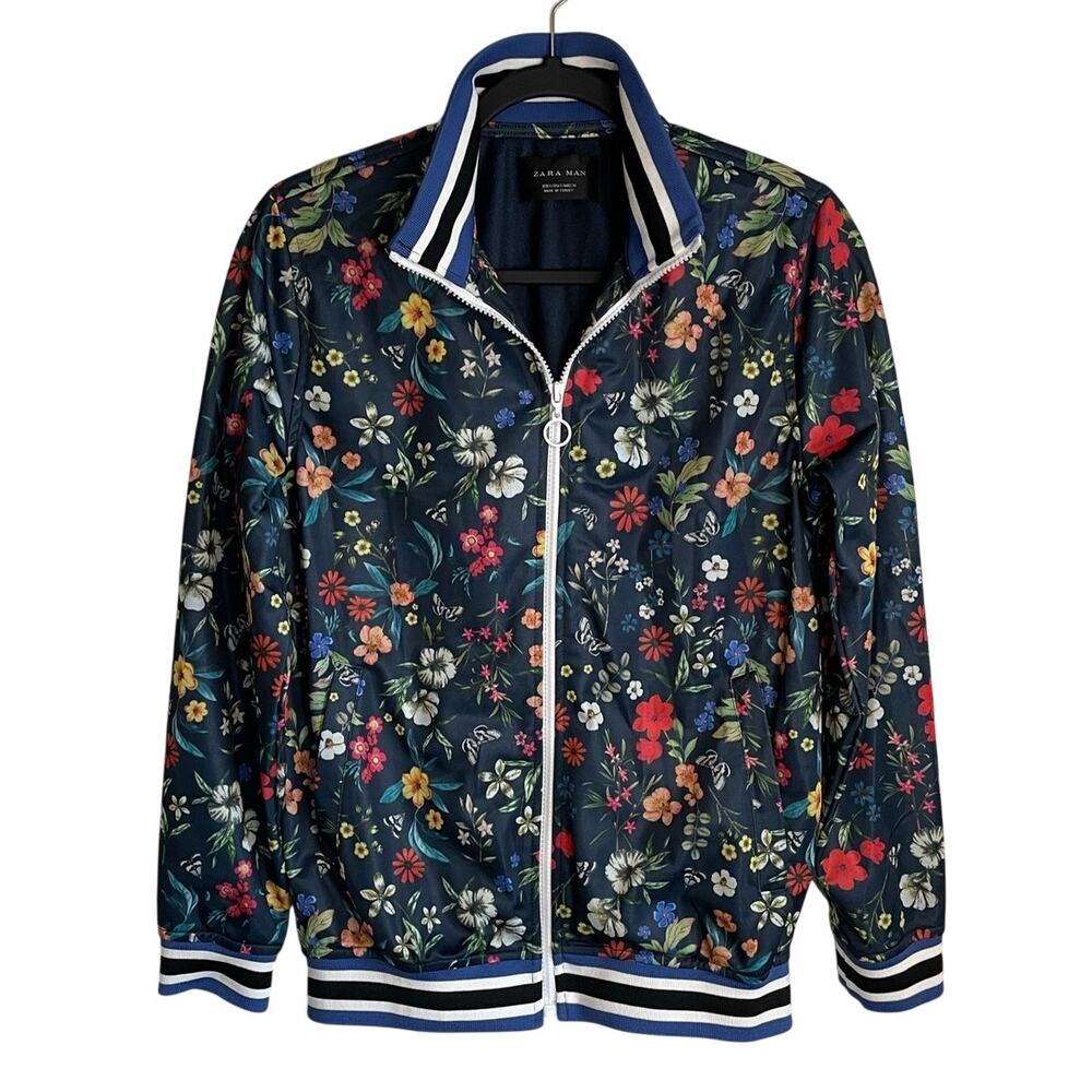 Zara Man Floral Zip Up Bomber Jacket Sz S Blue Multi Casual Colorful